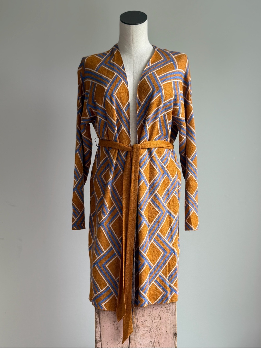 Forever 21 Mustard and Blue Geometric Belted Cardigan